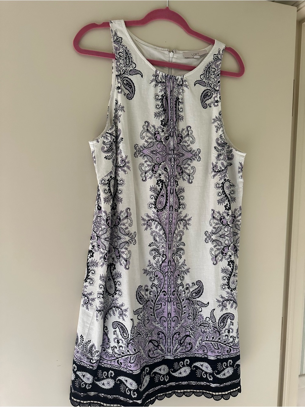 LOFT White Dress with Lavender & Black Paisley Print